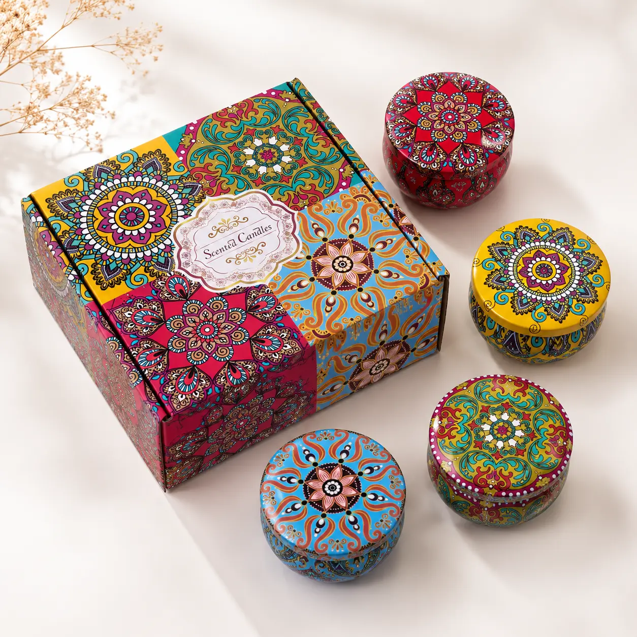 Boho Mandala Natural Aroma Soy Wax Tin Candle Gift Set - 4-Pack with Dried Rose Petals, White Peach, White Tea, Coconut Milk, Cedar Forest Scents, Gift-Ready Box for Women, Home Decor Supplies