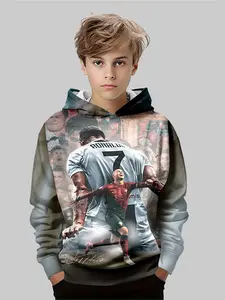 Boys Ronaldo 7 Graphic Hoodie, Casual Fitted All over Print Aesthetic Sweatshirt, Perfect Gift Choice, Comfortable Fit, Spring & Fall Fashion