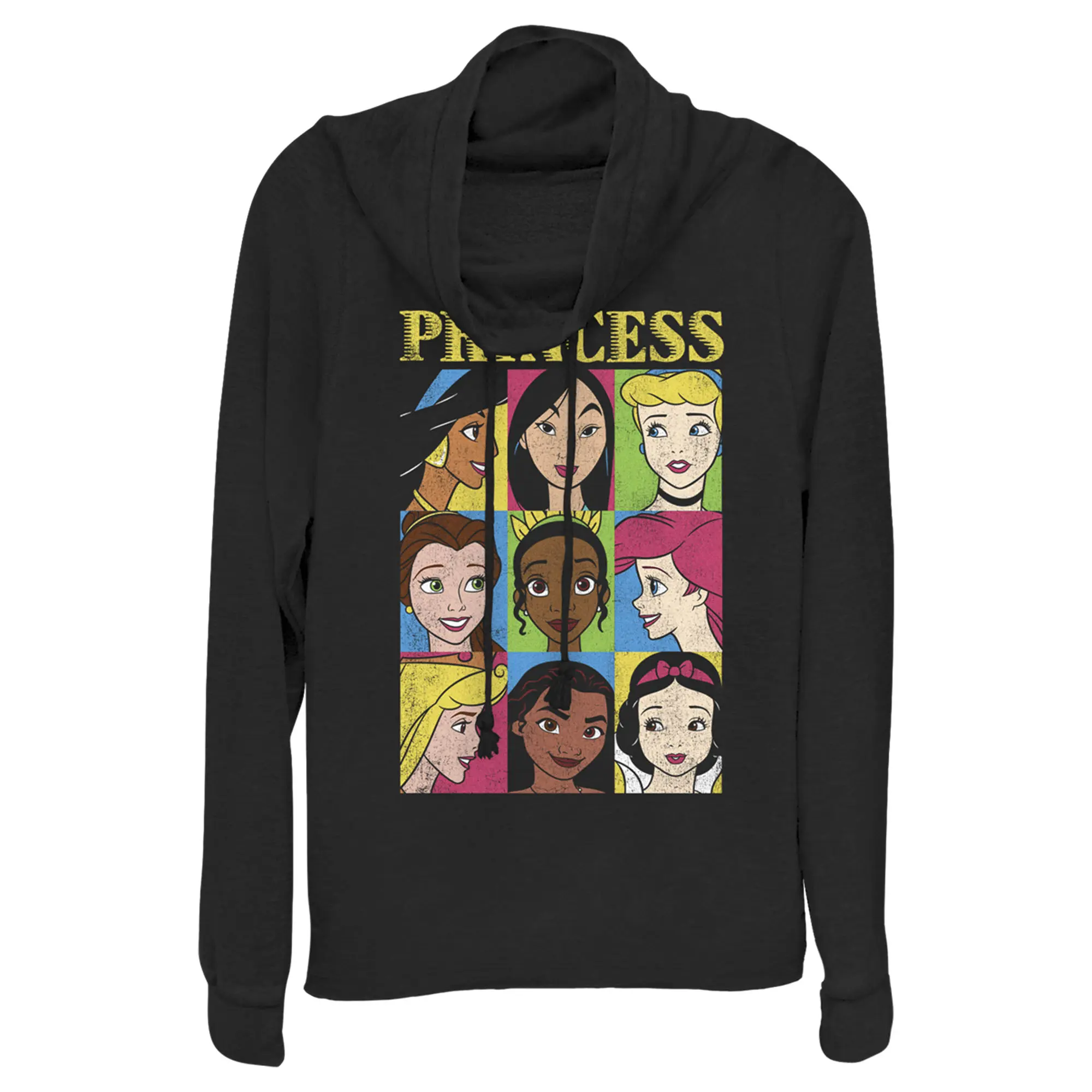 Junior's Disney Princess Distressed Close-Up Poster Cowl Neck Sweatshirt