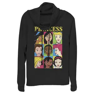 Junior's Disney Princess Distressed Close-Up Poster Cowl Neck Sweatshirt