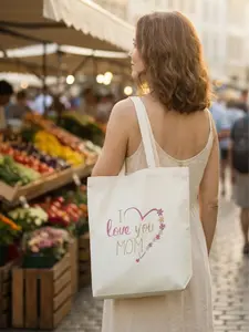 I Love You Mom Canvas Tote Bag Aesthetic Floral Heart Design Reusable Cotton Shoulder Bag for Shopping Groceries Travel Perfect Mother's Day & Birthday Gift Durable Eco-Friendly