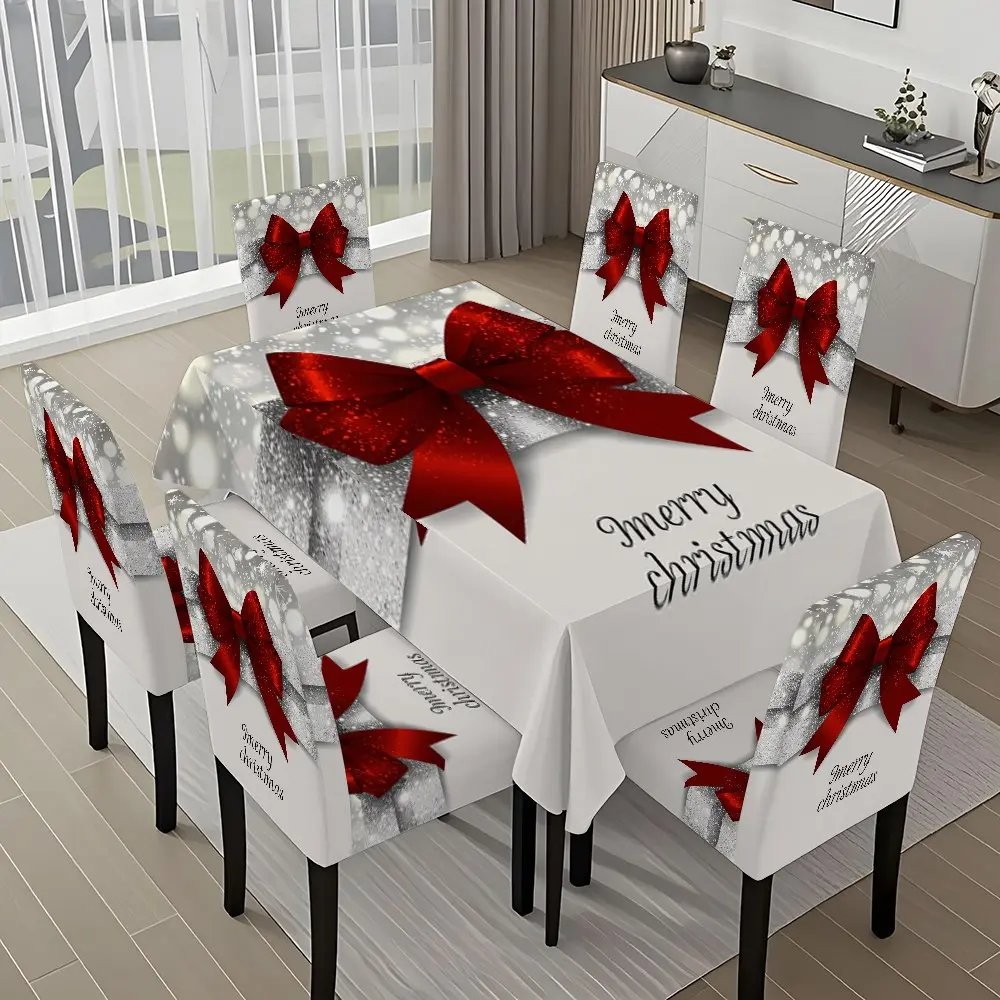 5/7-piece 2D Flat Printing Merry Christmas Silver White Bow Printing Pattern Tablecloth and Chair Cover Set, Party Decor Set, for dining table and chair decoration, perfect for home, holiday gatherings, restaurants, and parties.