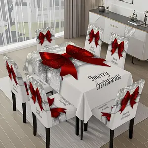 5/7-piece 2D Flat Printing Merry Christmas Silver White Bow Printing Pattern Tablecloth and Chair Cover Set, for dining table and chair decoration, perfect for home, holiday gatherings, restaurants, and parties.
