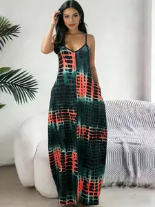 Women's Summer New Fashion Tie-Dye Print Split Loose Backless Dress, Casual Style Sleeveless Design, Perfect for Daily Wear & Spaghetti Strap