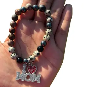 I Love Mom Bracelet with Black Beads, Heart Charm, and "Mom" Bead