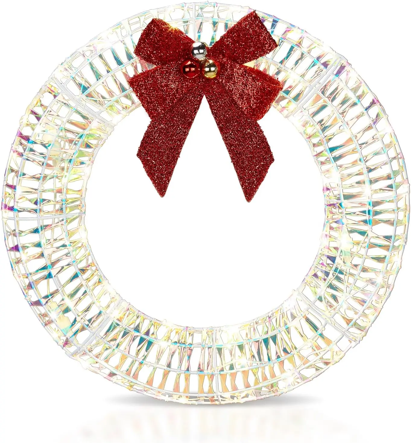 Ubesgoo 24in Pre-lit Iridescent Outdoor Christmas Wreath Decoration, Lighted Metal Wreath with Red Bow, Warm White LED Lights, for Front Door Gate Wall Indoor Outdoor Holiday Party