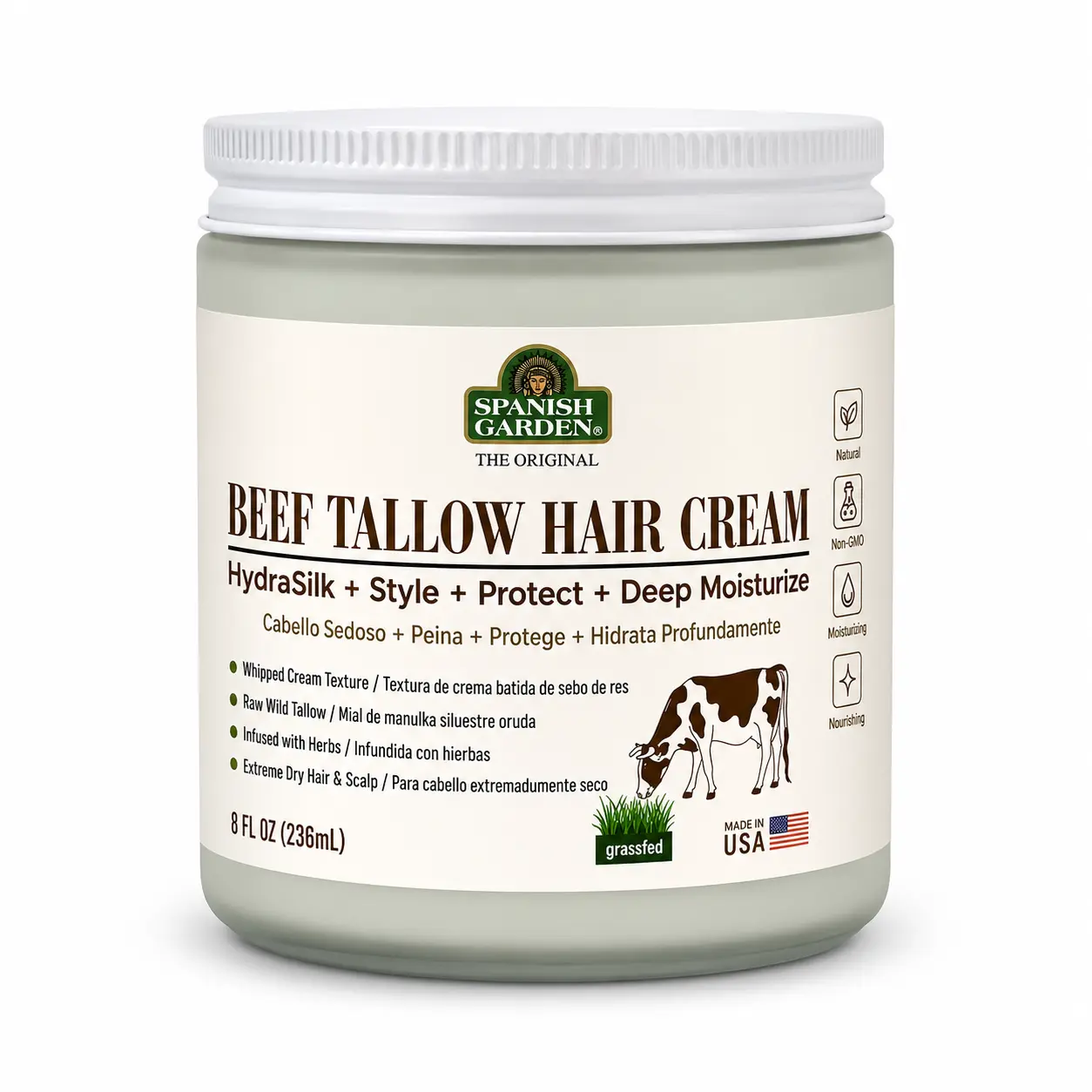 Spanish Garden Beef Tallow Hair Cream – Natural Leave-In Conditioner for Deep Hydration, Frizz Control & Shine | Nourishing Hair Treatment for Dry & Damaged Hair | 250ml