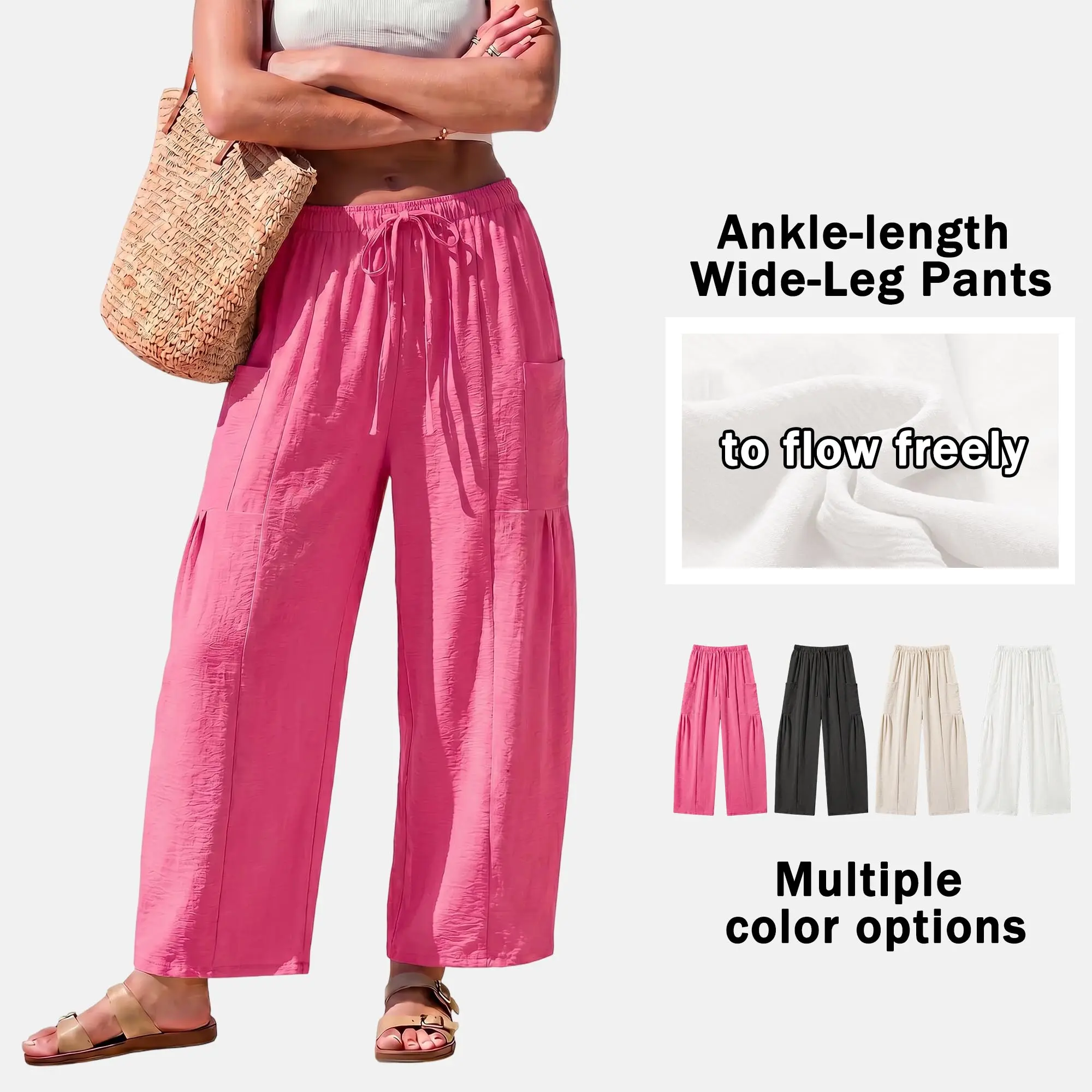 Women’s solid-color loose casual pants, lightweight couple style pants featuring an elastic drawstring waistband with side pockets; comfortable and breathable, suitable for everyday wear and vacations; 100% polyester material.