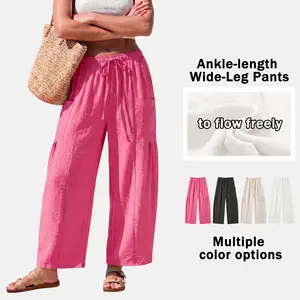 Women’s solid-color loose casual pants, lightweight couple style pants featuring an elastic drawstring waistband with side pockets; comfortable and breathable, suitable for everyday wear and vacations; 100% polyester material.