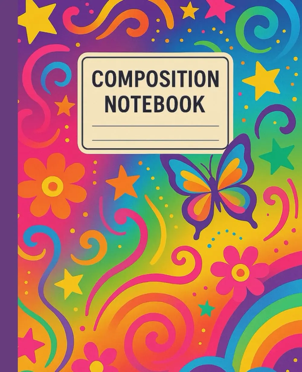 Rainbow Butterfly Composition Notebook: Colorful Retro Flowers, Stars & Rainbow Design - College Ruled Notebook for School, Journaling and Creative Writing