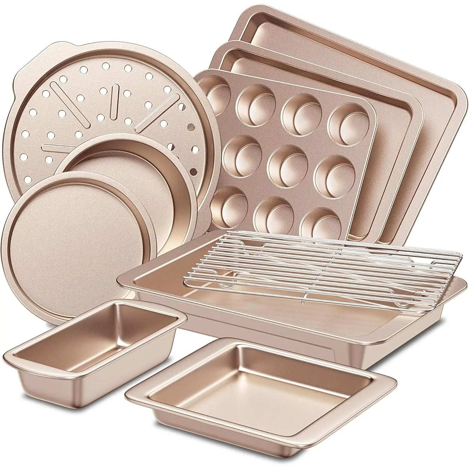Bakeware Sets, Baking Pans Set, Nonstick Oven Pan for Kitchen with Wider Grips, 10-Piece Including Rack, Cookie Sheet, Cake Pans, Loaf Pan, Muffin Pan, Pizza Pan - Champagne Gold