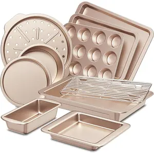 Bakeware Sets, Baking Pans Set, Nonstick Oven Pan for Kitchen with Wider Grips, 10-Piece Including Rack, Cookie Sheet, Cake Pans, Loaf Pan, Muffin Pan, Pizza Pan - Champagne Gold