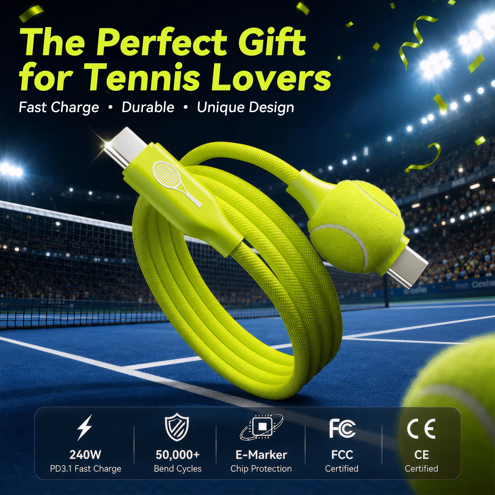 Tennis Charging Cable, 240W USB C Tennis Ball Inspired Texture Design, Fast Charging Braided Cable Gift for Sports Fans chargers