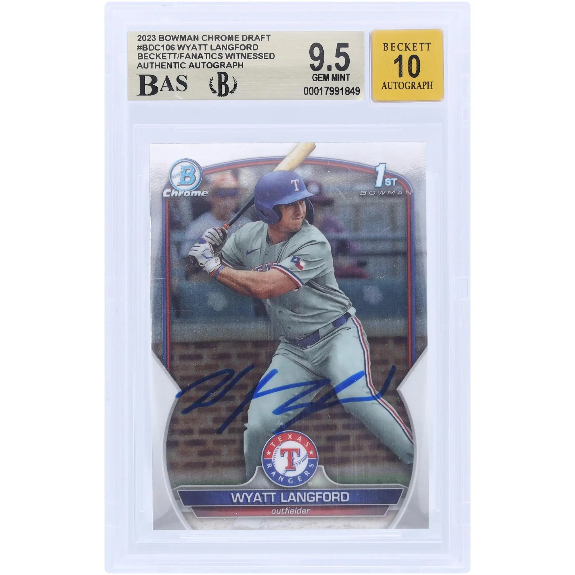 Wyatt Langford Texas Rangers Autographed 2023 Bowman Chrome Draft #BDC-106 Beckett Fanatics Witnessed Authenticated 9.5/10 Card - Fanatics Authentic Certified
