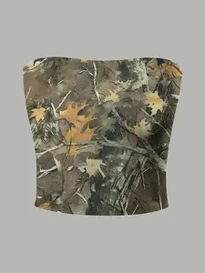 Spring Summer Tube Top Vest, Bandeau Tops, Camo Print Design, Casual Versatile Sexy Waist Exposure, Comfortable Women's Short Basic Tank Set