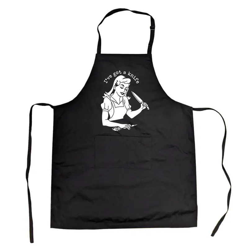 I've Got A Knife Cookout Apron Funny Baking Kitchen Novlety Smock Funny Aprons Adjustable Graphic Print Mother's Day Grill Apparel Funny Food Cover Grilling Apparel for Men Black