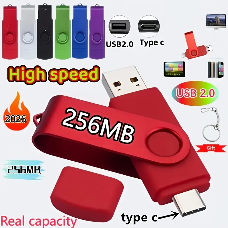 2026 New High-Speed USB Flash Drive with Type-C Interface |   256MB Real Capacity, OTG Pen Flash Drive, Suitable for Laptops and Desktops, Expands Data/Photo/Video/Music Storage, Business Gift, Multiple Colors, Smartphone Storage