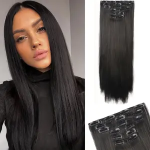 22inch Long Straight Synthetic Clip in Hairpiece Extensions 6PCS Brown Black Invisible Wear Clip ins for women Girls Wear full head coverage Gift for gf clip-in extension