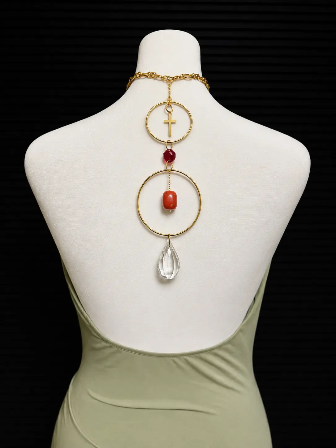 Female Long Divine Orbit Crystal Teardrop Finish Back Necklace - One Size Fits All, 12 to 14 Inches, Vibrant Red Gemstone Details, Fashion Costume Jewelry Accessory