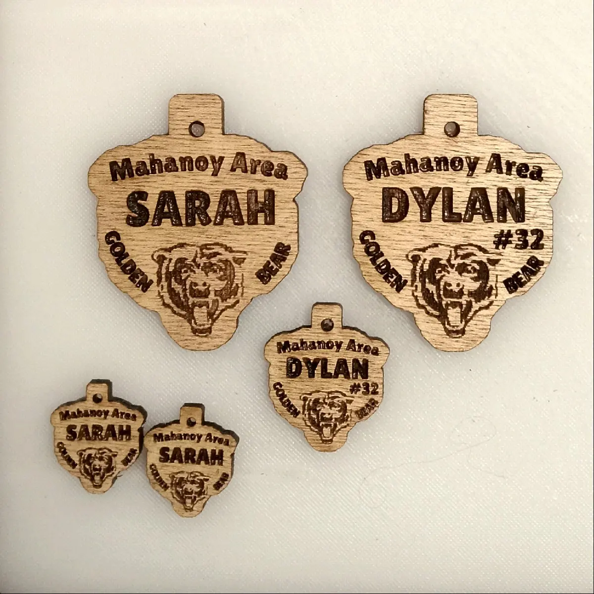 Mahanoy Area Scool District Golden Bears Keychain, Earrings, Pendant * Free Personalization Of Your Choice   All items are solid wood with all text and images engraved into the wood. FREE PERSONALIZATION of your choice on any item.