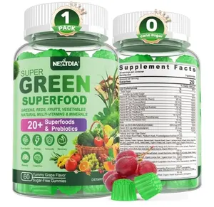 Super Greens Gummies, Greens Superfood Powder Alternative w/Spirulina, Chlorella, Prebiotic Fiber, Probiotic, Fruit Veggie, Daily Greens Vegetable for Digestive & Gut Health, Immunity, Focus, 60 Cts