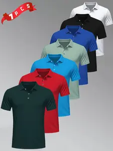 Men's Summer Short Sleeve Collared Polo Shirts Set, Pure Color Design, Fitted Style, Multiple Colors Available, Essential Summer Clothing, Menswear