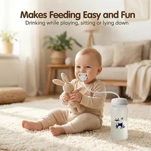 New 3-In-1 Wide Neck 300ML Baby Bottle Set, Includes Feeding Bottle, Storage Bottle, Pacifier, Straw Brush, Multifunctional Gravity Ball Bottle