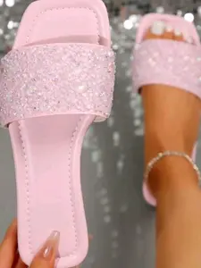 2026 Pearl Rhinestone Wide Strap Flat Sandals, Comfortable Non-Slip Sole, Elegant Design for Office, Shopping, Vacation, Spring Summer Essential Footwear
