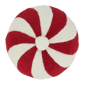 212 MAIN 13 in. Round Striped Candy Cane Polyester-Filled Throw Pillow - Red & White, Whimsical Design, Festive Look, Soft Texture, Holiday Decor Cushion