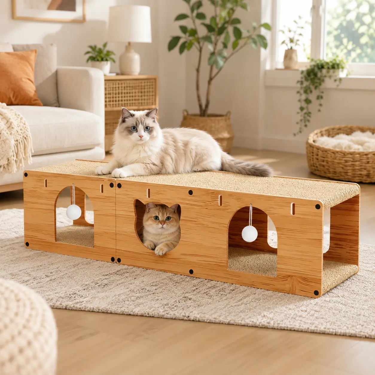 Extra Long 39 Inch Cat Scratcher Tunnel Corrugated Cardboard Cat Cave with Teaser Ball Vertical or Horizontal Cat Bed for Indoor Cats