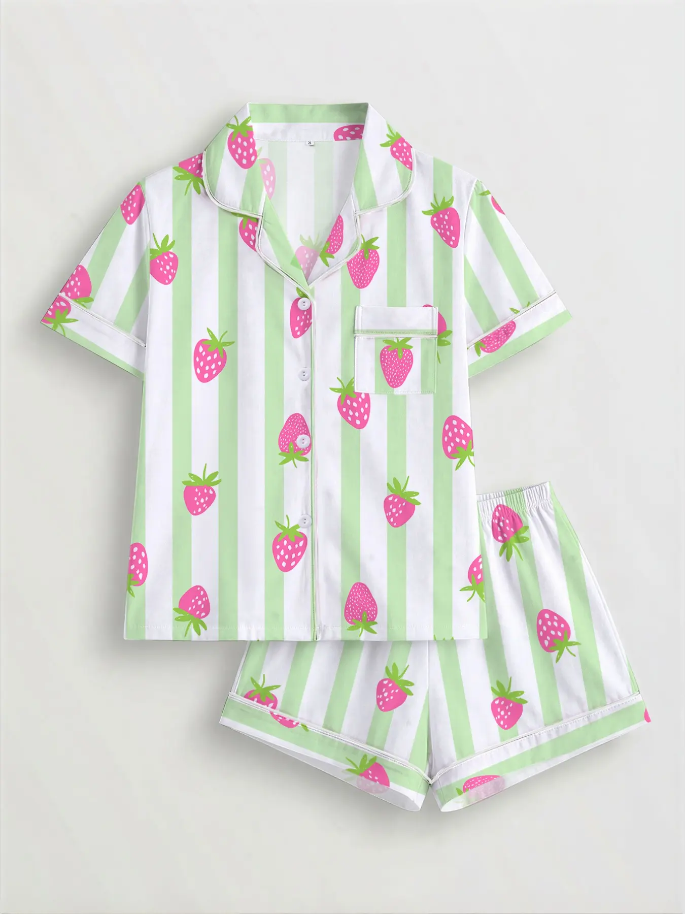 2-Piece Strawberry Striped Print Ladies Cute Pajama Set Pjs, Short Sleeve Shirt with Turn-Down Collar and Buttons, Comfortable All-Season Casual Sleepwear and Loungewear Homewear for Women, Perfect for Home, Sleepovers, and Outdoor Lounging