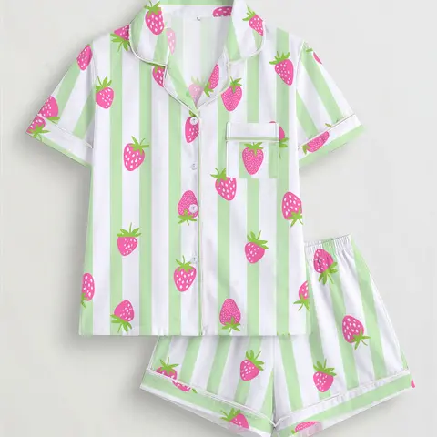 2-Piece Strawberry Striped Print Ladies Cute Pajama Set Pjs, Short Sleeve Shirt with Turn-Down Collar and Buttons, Comfortable All-Season Casual Sleepwear and Loungewear Homewear for Women, Perfect for Home, Sleepovers, and Outdoor Lounging
