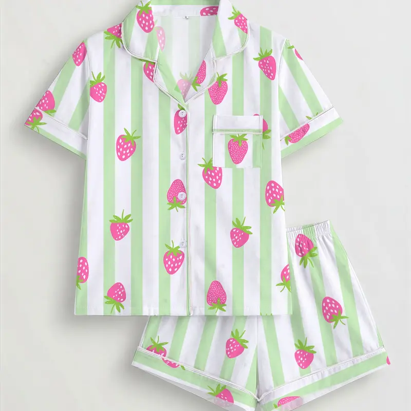 2-Piece Strawberry Striped Print Ladies Cute Pajama Set Pjs, Short Sleeve Shirt with Turn-Down Collar and Buttons, Comfortable All-Season Casual Sleepwear and Loungewear Homewear for Women, Perfect for Home, Sleepovers, and Outdoor Lounging