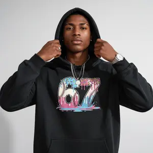 Aesthetic "67 Baseball" Ice Cream Drip Graphic Hoodie | Premium Cotton Blend Heavyweight Pullover | Funny Pop Culture Meme Streetwear | Soft Breathable Long Sleeve Black Sweatshirt | Trendy Casual Gift for Men & Women