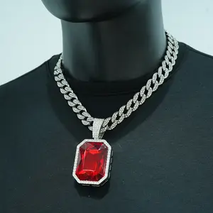European & American Fashion Square Red Full-Diamond Pendant Necklace for Men and Women, Versatile Trendy Streetwear Cuban Style