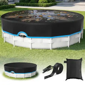 New upgraded 14FT round pool cover for portable round pools, equipped with heavy-duty mechanical buckles, made of tear-resistant Oxford fabric, UV-resistant, and designed as a high waterproof and sun-protective outdoor cover. way