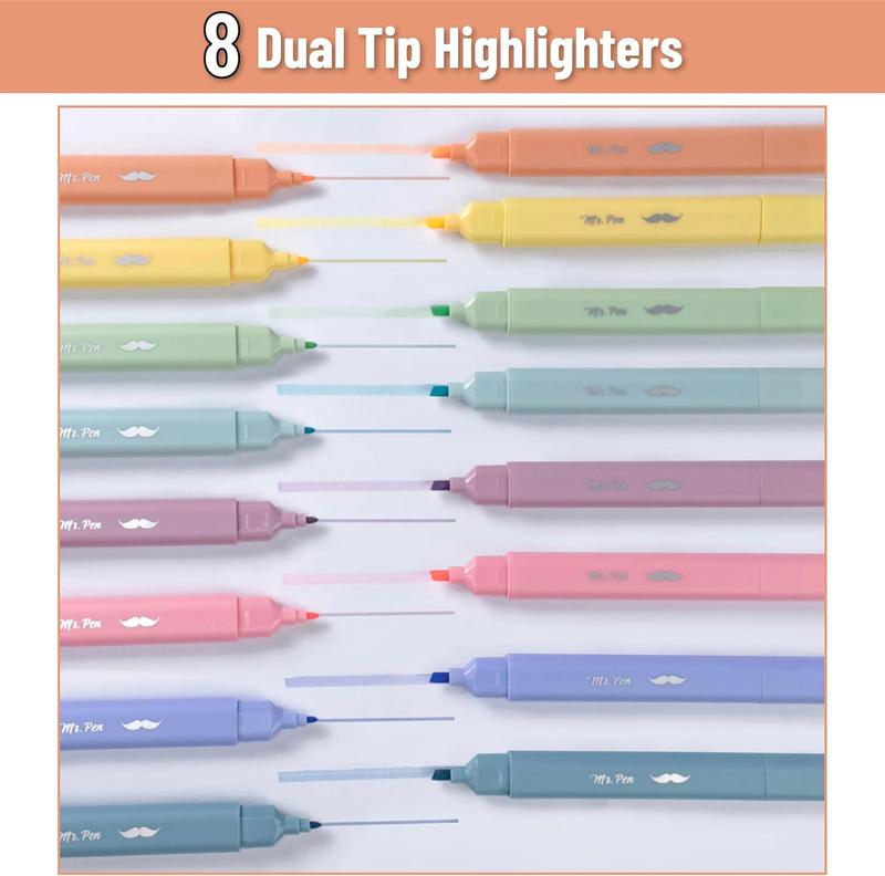 Mr. Pen- Aesthetic Dual Tip Bible Highlighters, No Bleed Through Assorted Color, 8pcs, Cute Highlighter Dual Tip for Journaling Supplies and School Accessories