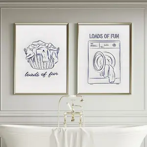 Minimalist Laundry Theme Canvas Art Set, Modern Style with Washer and Basket Illustrations, Unframed, for Living Room, Bedroom, Bathroom, Kitchen