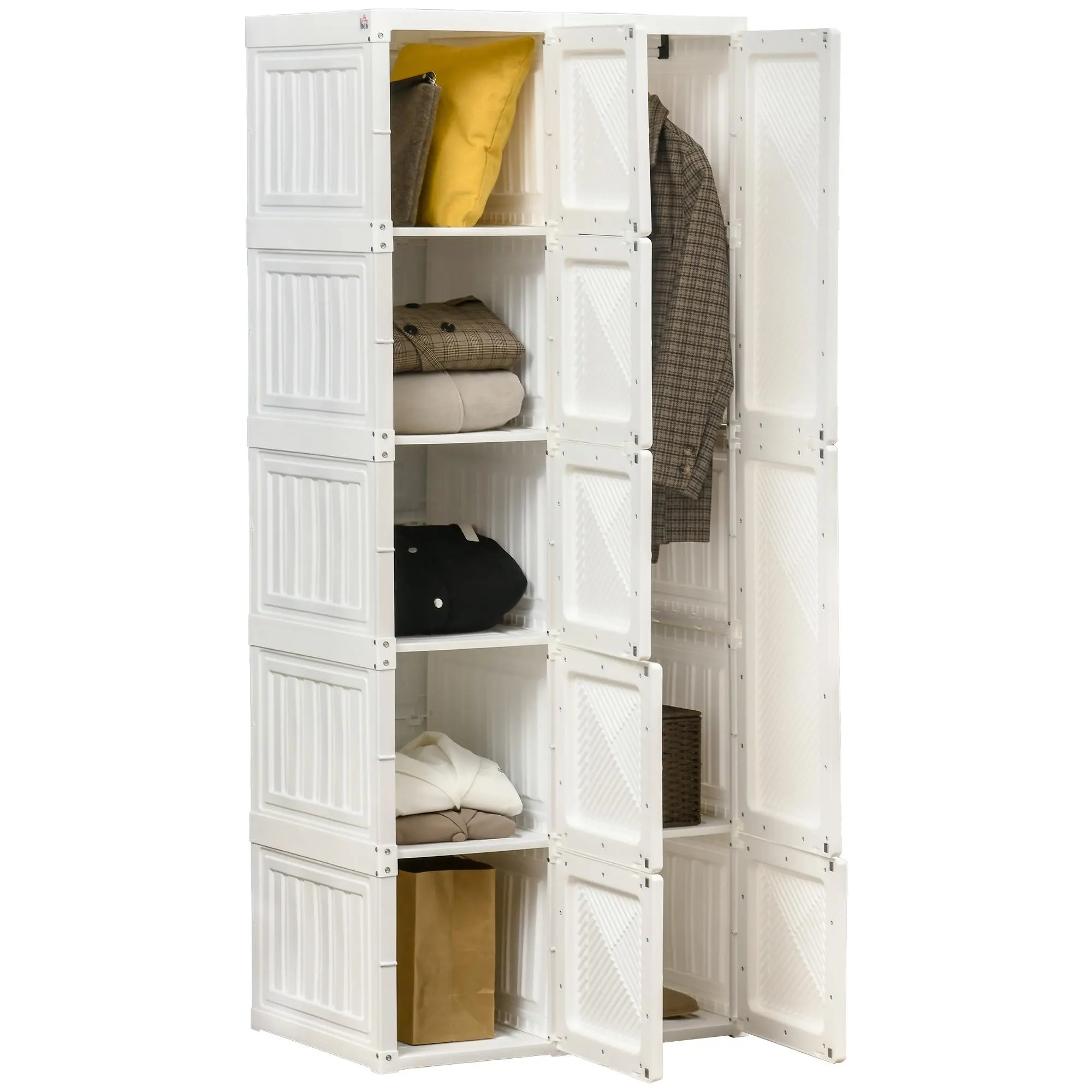 HOMCOM Portable Wardrobe Closet Armoire, Folding Door Multifunctional Space Saver Wardrobes with 6 Cube Compartments, Hanging Rod, 8 Magnet Doors, White, Wardrobe Cabinet, Indoor Compact Wardrobes