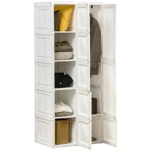 HOMCOM Portable Wardrobe Closet, Folding Clothes Storage Organizer with 6 Cube Compartments, Hanging Rod, 8 Magnet Doors, White