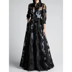 Women’s solid-color sheer belted button-front dress, elegant 3/4-sleeve party holiday wedding guest dress, women’s summer outfit GARMENTARY