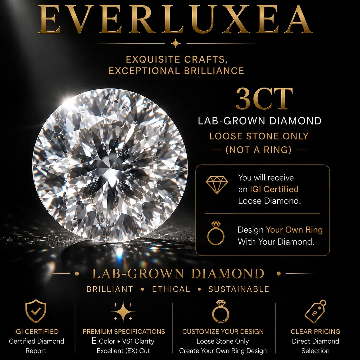 3CT IGI Certified Lab-Grown Diamond Loose Stone |RoundBrilliant Cut I E Color VS1 Clarity I Excellent Cut I ForJewelrySetting