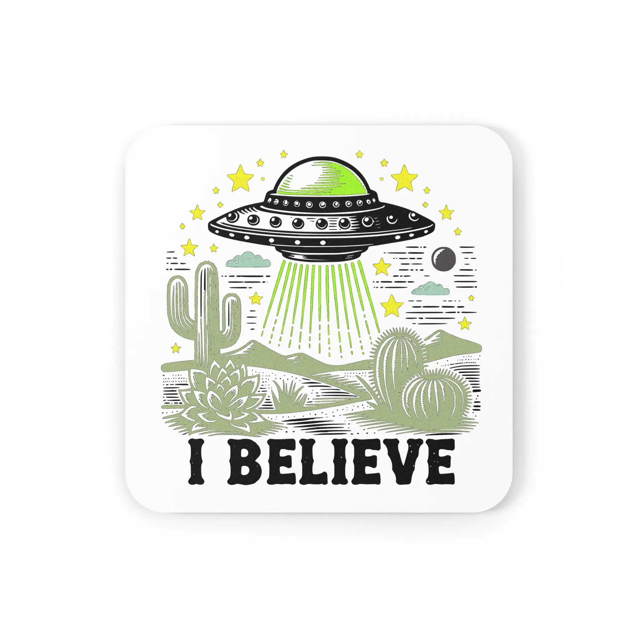 UFO Themed Cork Coaster, I Believe Coaster, Desert Decor, Alien Coaster, Unique Gift for Sci-Fi Lovers, Home Bar Accessories