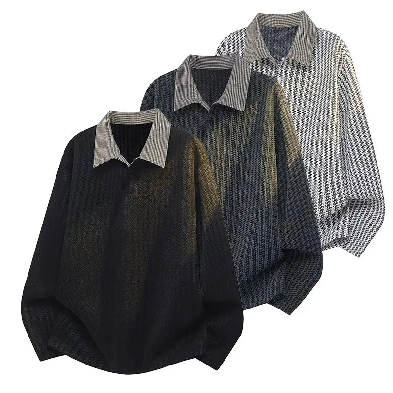 Men's Long Sleeve Knit Polo Shirt Retro Contrast Houndstooth Collar - Textured Casual Button Down Pullover, Loose Fit Business Casual Tops for Daily Wear Breathable Cargo