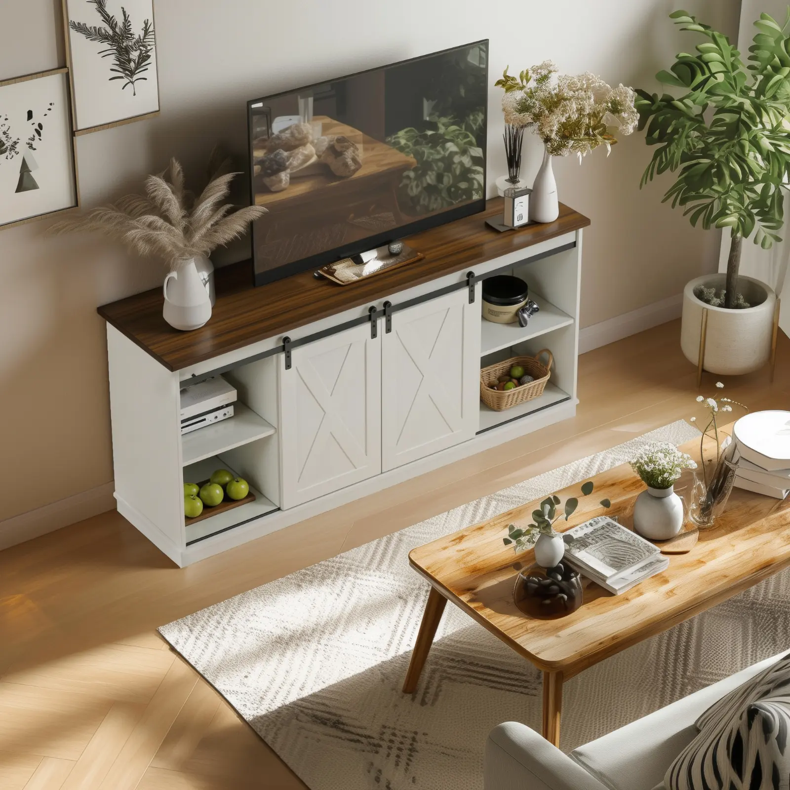 Modern TV Stand,Sliding Barn Door, Storage Shelves,Cabinet for Living Room, White TV Console with 4 Glass Doors, Entertainment Center with Storage Cabinet,65” TV Stands for Living Room,solid wood TV cabinet with double-layer storage space sliding door, mo