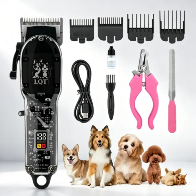 LQT Transparent Black Pet Hair Clipper Kit with USB Power, USB Rechargeable LCD Low-Noise Dog Grooming Trimmer, 4-Size Guards, Nail Clipper, Nail File & Cleaning Brush