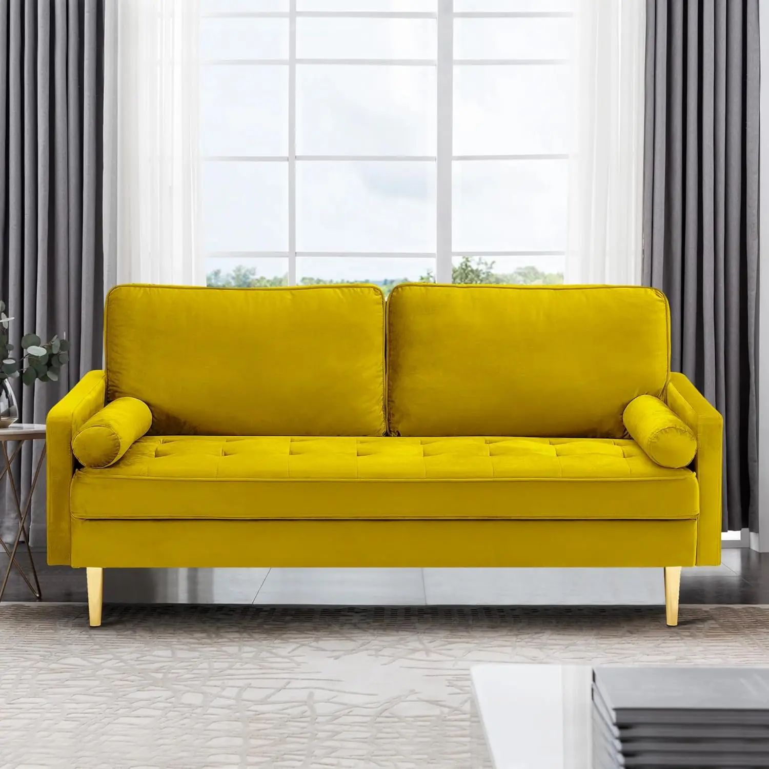 SZLIZCCC 67 Inch Modern Velvet Loveseat Sofa with Tufted Upholstered Back - Mid-Century Compact Design for Small Spaces Living Room&Bedroom (Yellow)​​