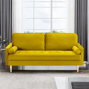 SZLIZCCC 67 Inch Modern Velvet Loveseat Sofa with Tufted Upholstered Back - Mid-Century Compact Design for Small Spaces Living Room&Bedroom (Yellow)​​