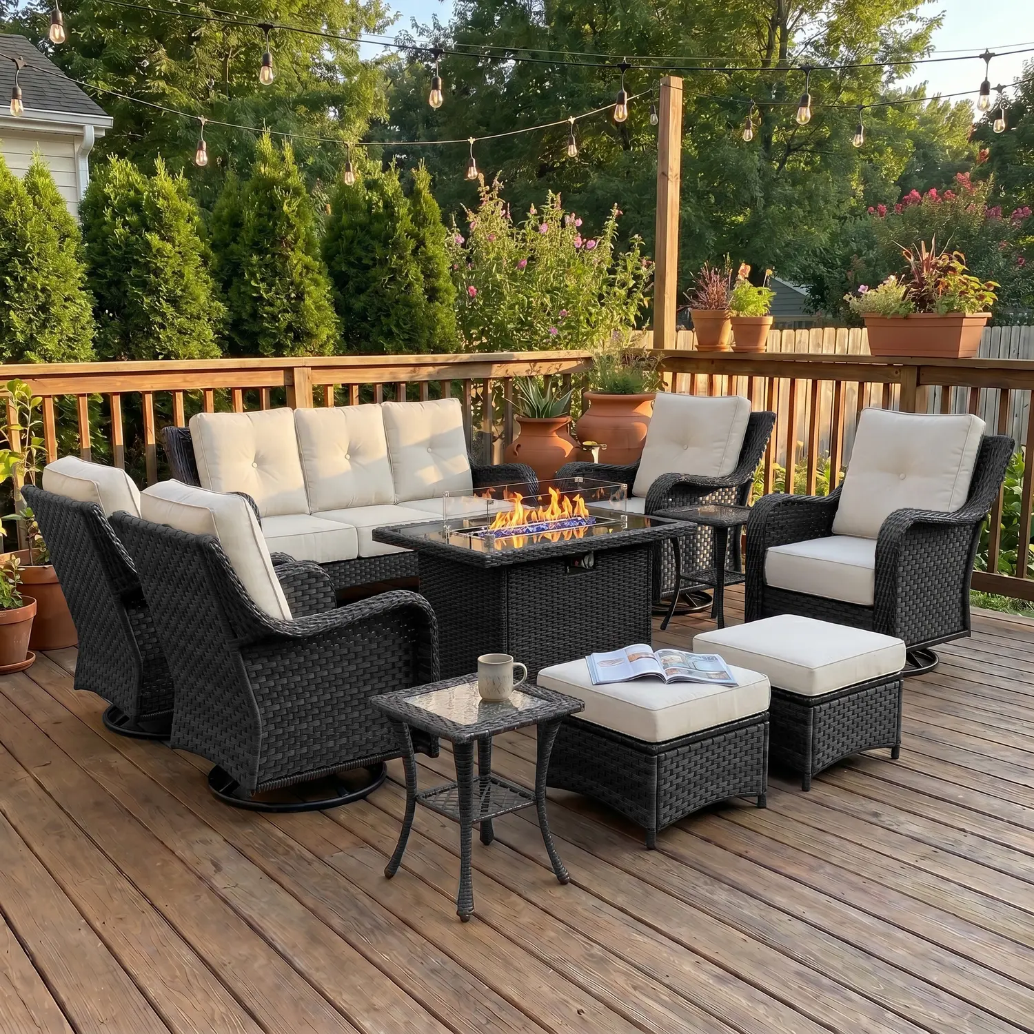 LayinSun 10-Piece Wicker Outdoor Furniture Set with 6-inch Comfy Cushions, High Back Patio Furniture Set with Swivel Rocking Chairs and Fire Pit Table, Multiple Packages summervibes
