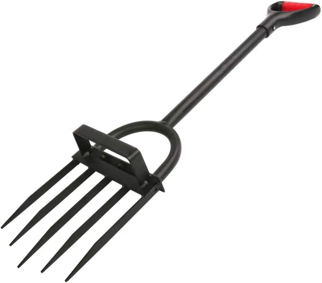 5-Tine Square Steel Heavy Duty Pitch Fork for Gardening - T-Handle Design, Ergonomic Build, Extra-Long Double Riveted Socket, Minimal Soil Adhesion, Rust Resistance, Long-Handled Digging & Weeding Garden Tool